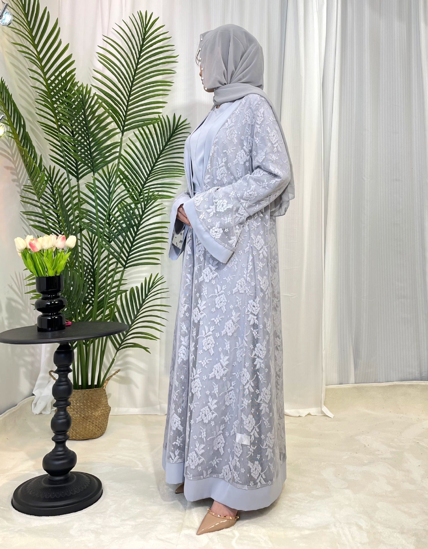 Clear Lace Rose Dress Abaya 3 Piece Set