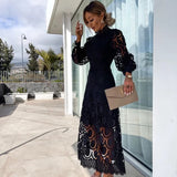 Wedding Guest Lace Dress for Women – High Neck, Puff Sleeve Design