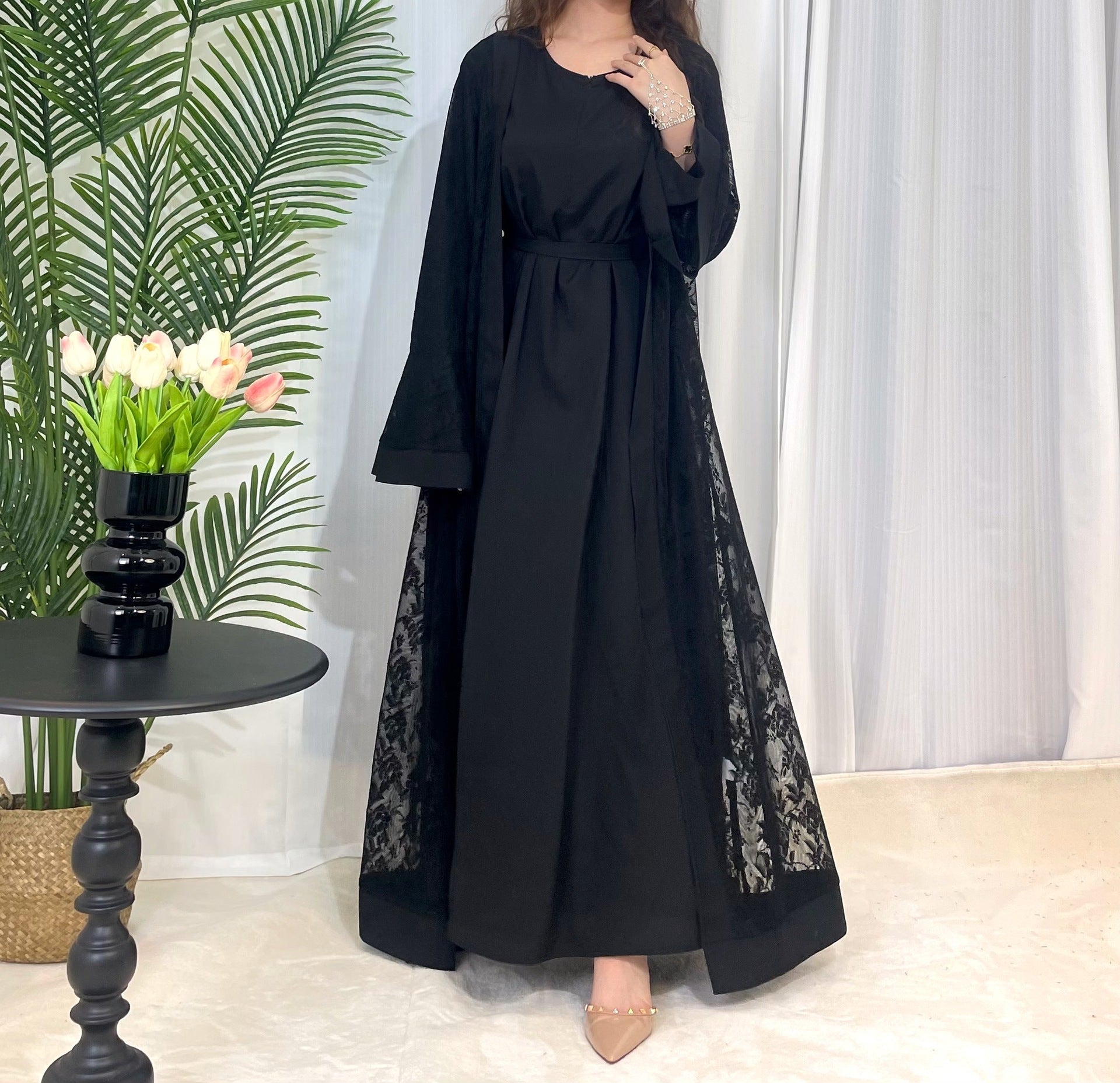 Clear Lace Rose Dress Abaya 3 Piece Set