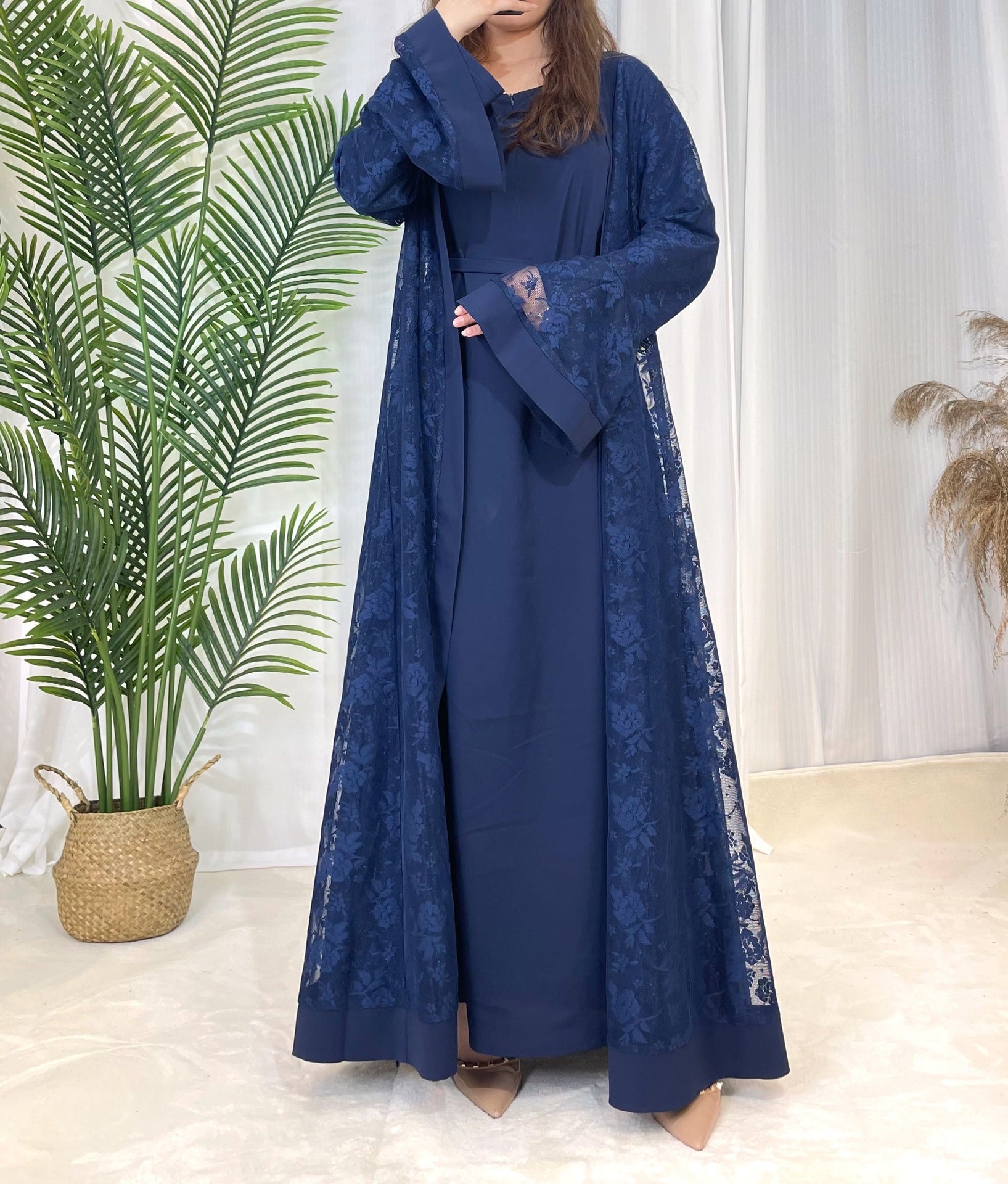 Clear Lace Rose Dress Abaya 3 Piece Set