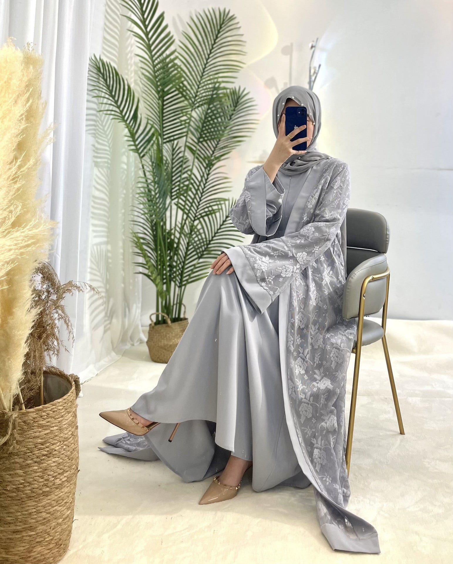 Clear Lace Rose Dress Abaya 3 Piece Set