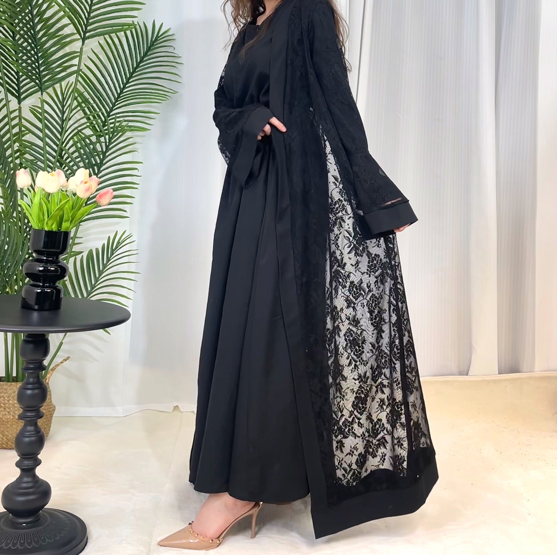 Clear Lace Rose Dress Abaya 3 Piece Set