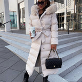 Women’s Beige Longline Winter Parka – Warm Hooded Coat