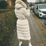 Women’s Beige Longline Winter Parka – Warm Hooded Coat