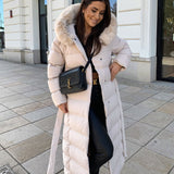 Women’s Beige Longline Winter Parka – Warm Hooded Coat