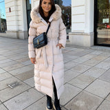 Women’s Beige Longline Winter Parka – Warm Hooded Coat