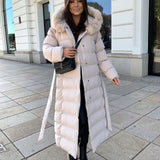 Women’s Beige Longline Winter Parka – Warm Hooded Coat
