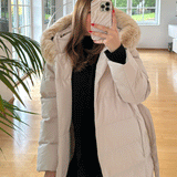 Women’s Beige Longline Winter Parka – Warm Hooded Coat