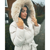 Women’s Beige Longline Winter Parka – Warm Hooded Coat
