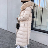 Women’s Beige Longline Winter Parka – Warm Hooded Coat