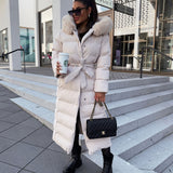 Women’s Beige Longline Winter Parka – Warm Hooded Coat