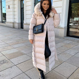 Women’s Beige Longline Winter Parka – Warm Hooded Coat