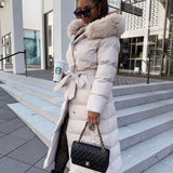 Women’s Beige Longline Winter Parka – Warm Hooded Coat