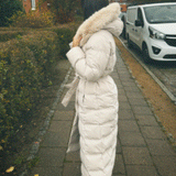Women’s Beige Longline Winter Parka – Warm Hooded Coat