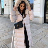Women’s Beige Longline Winter Parka – Warm Hooded Coat