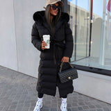 Women’s Black Quilted Winter Coat – Longline Hooded Jacket