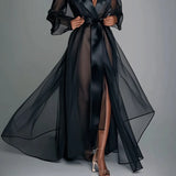 Black Sheer Long Sleeve Maxi Dress with Satin Lapel and Belt