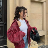 Women’s Oversized Leather Zip Jacket with Contrast Stitching