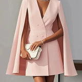 Cape Blazer Mini Dress with V Neck and Tailored Fit