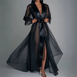 Black Sheer Long Sleeve Maxi Dress with Satin Lapel and Belt