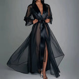 Black Sheer Long Sleeve Maxi Dress with Satin Lapel and Belt