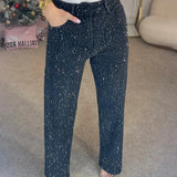 Women’s Sparkle Mom Jeans – Casual Wide‑Fit Glitter Denim