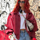 Women’s Oversized Leather Zip Jacket with Contrast Stitching