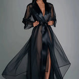 Black Sheer Long Sleeve Maxi Dress with Satin Lapel and Belt