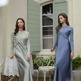 Long Sleeve Maxi Dress with Layered Front and Round Neckline