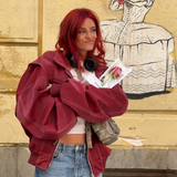 Women’s Oversized Leather Zip Jacket with Contrast Stitching