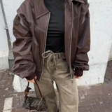 Women’s Oversized Leather Zip Jacket with Contrast Stitching