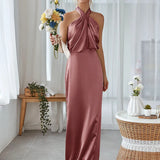 Chic Satin Halter Maxi Dress for Bridesmaids