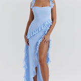 Pleated Maxi Dress – Cowl Neck & Thigh Split