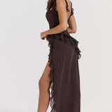 Pleated Maxi Dress – Cowl Neck & Thigh Split