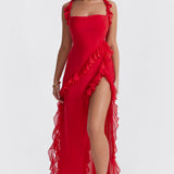 Pleated Maxi Dress – Cowl Neck & Thigh Split