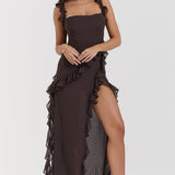 Pleated Maxi Dress – Cowl Neck & Thigh Split