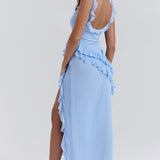 Pleated Maxi Dress – Cowl Neck & Thigh Split