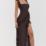 Pleated Maxi Dress – Cowl Neck & Thigh Split