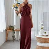 Chic Satin Halter Maxi Dress for Bridesmaids