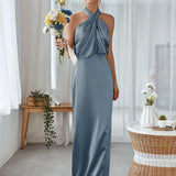 Chic Satin Halter Maxi Dress for Bridesmaids