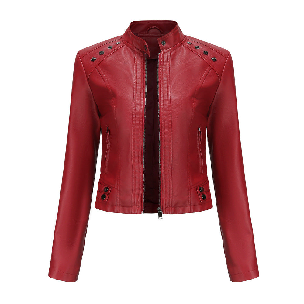 Cropped riveted leather motorcycle jacket