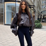 Women’s Brown Faux Leather Jacket – Oversized Fit