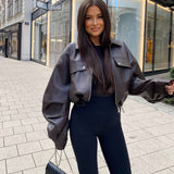 Women’s Brown Faux Leather Jacket – Oversized Fit