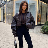 Women’s Brown Faux Leather Jacket – Oversized Fit