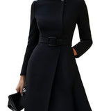 Women’s High-Neck Belted Midi Dress – Elegant Winter Style