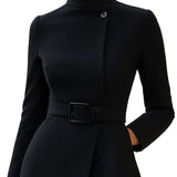 Women’s High-Neck Belted Midi Dress – Elegant Winter Style
