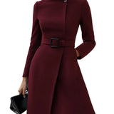 Women’s High-Neck Belted Midi Dress – Elegant Winter Style