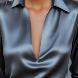 Silver Satin Deep V Neck Blouse for Evening