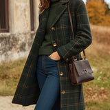 Women’s Checked Wool Blend Long Coat Fitted Winter Outerwear
