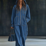 Women’s Loose Hooded Denim Jumpsuit – Long Sleeve & Zip Pocket